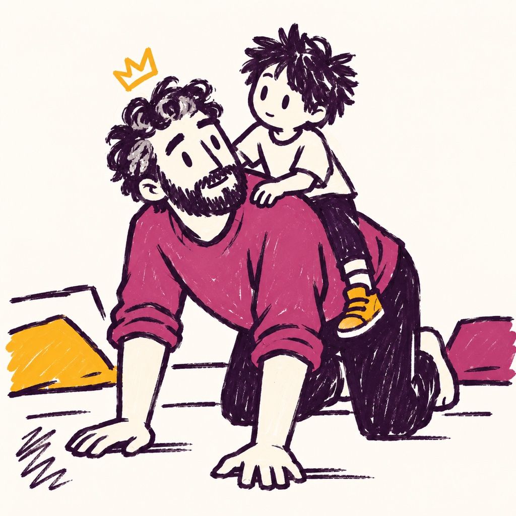 Drawing: a dad on his hands and knees gives his son a horseback ride. A small crown floats above the dad's head.